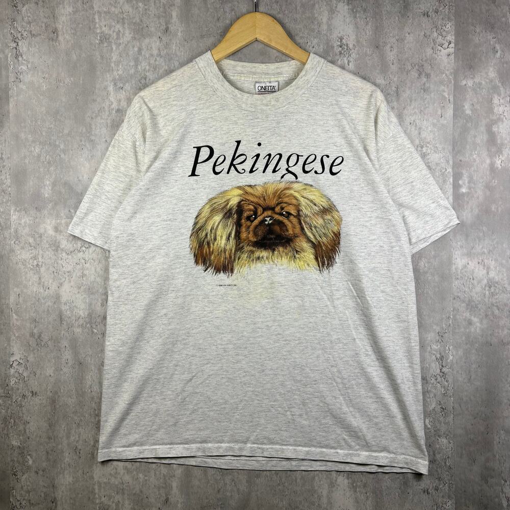 1990 Single Stitch Vintage Pekingese Heather‎ White Dog Tee X-L